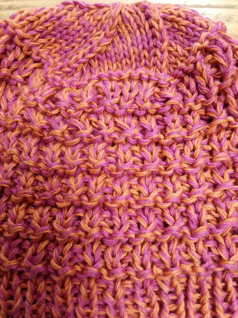 Hand knitted lightweight cotton adult hat in Brick design - pink and orange