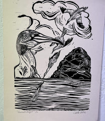 'Gannets flight' lino print