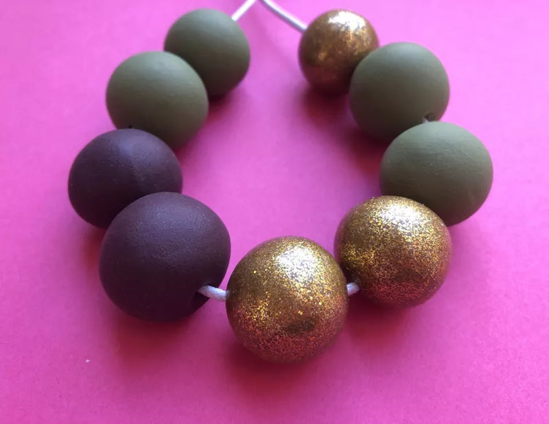 Statement bead necklace - gold, sage green & burgundy