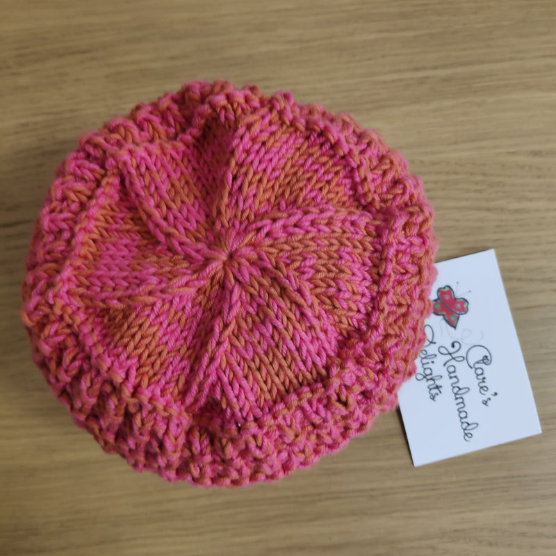 Hand knitted small adult or child's hat in Brick design - pink and orange