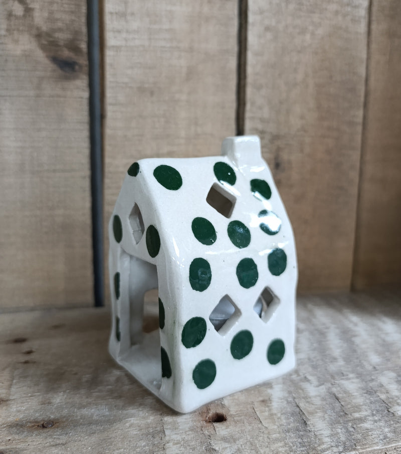 Ceramic house tealight holder - white with green spots