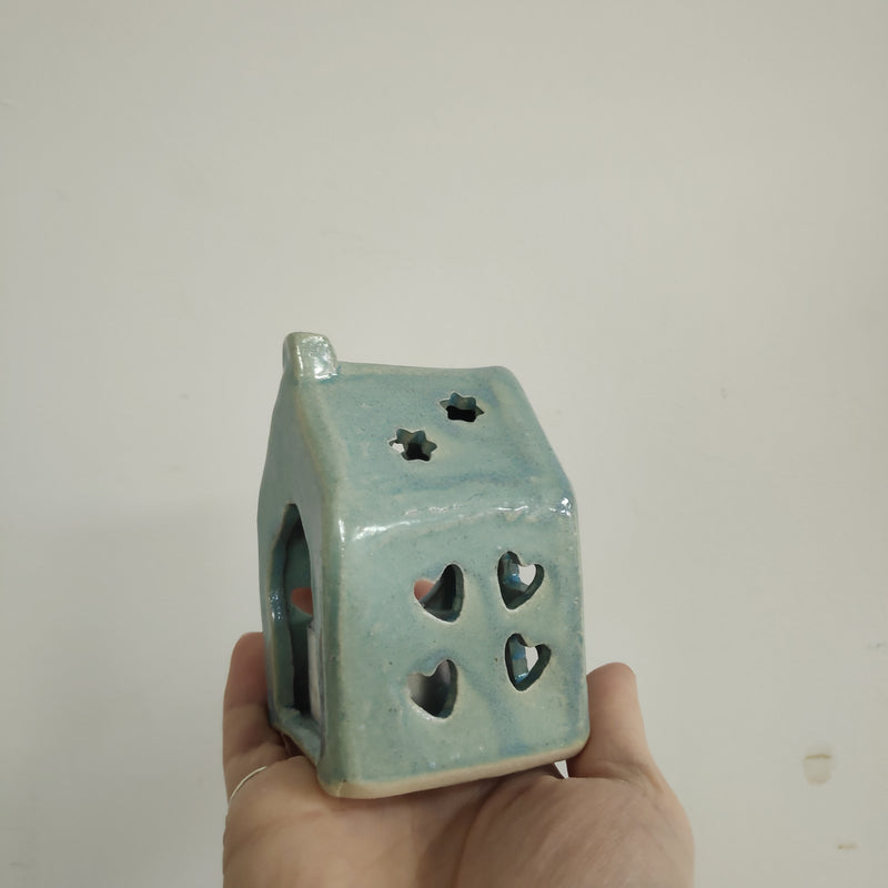 House tealight holder - turquoise with heart and flower cut-outs