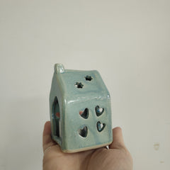 House tealight holder - turquoise with heart and flower cut-outs
