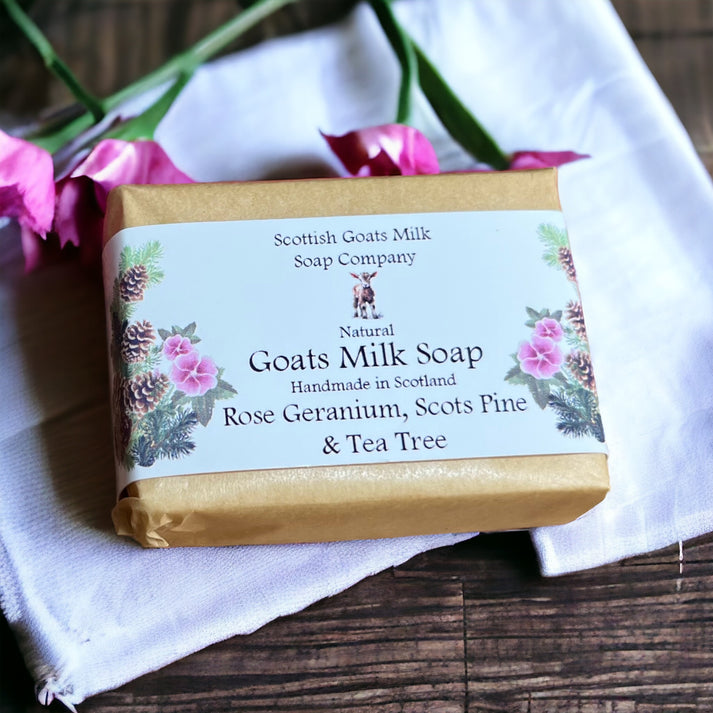 Handmade goats milk soap - rose, geranium, Scots pine & tea tree