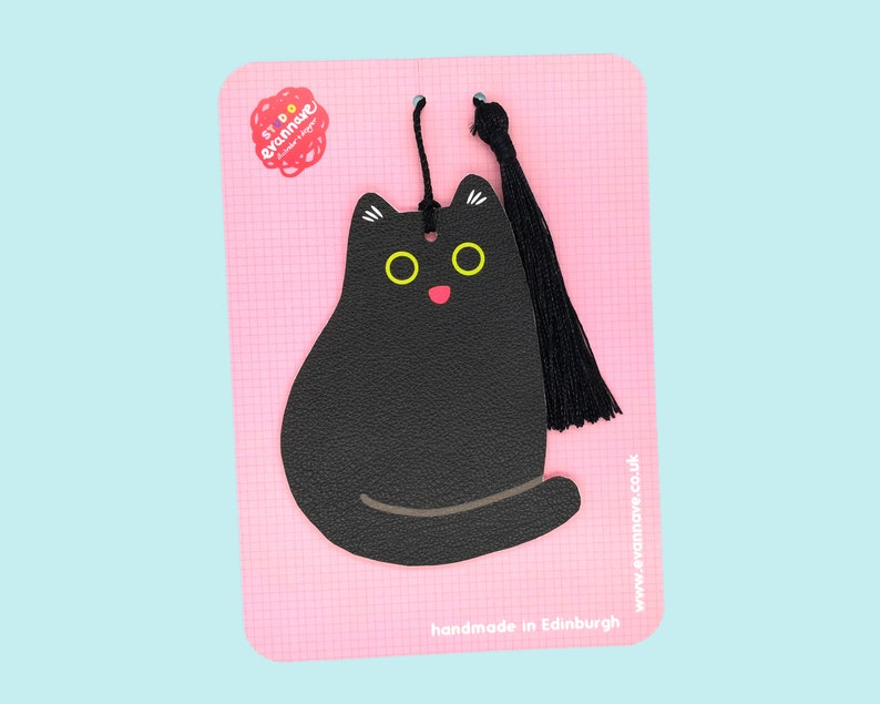 Black cat faux leather bookmark