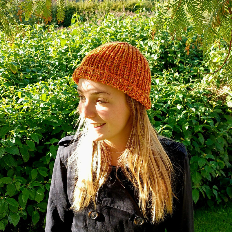Hand knitted beanie hat - orange and yellow