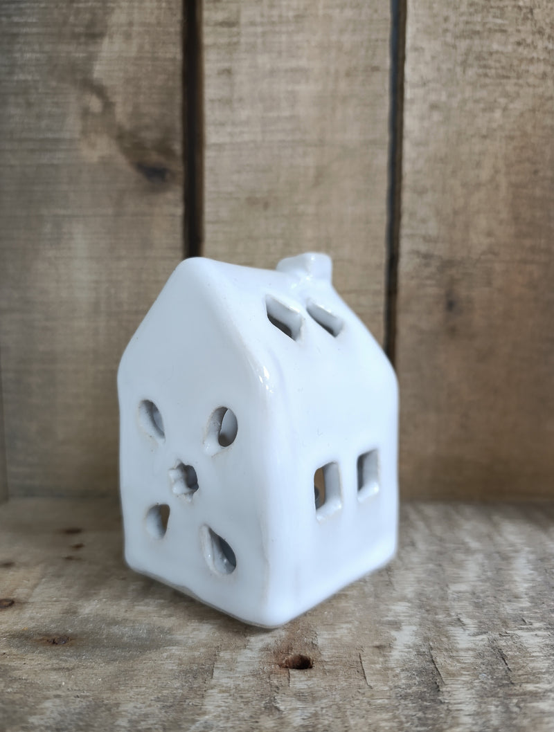 House tealight holder - white with petal & square cut-outs