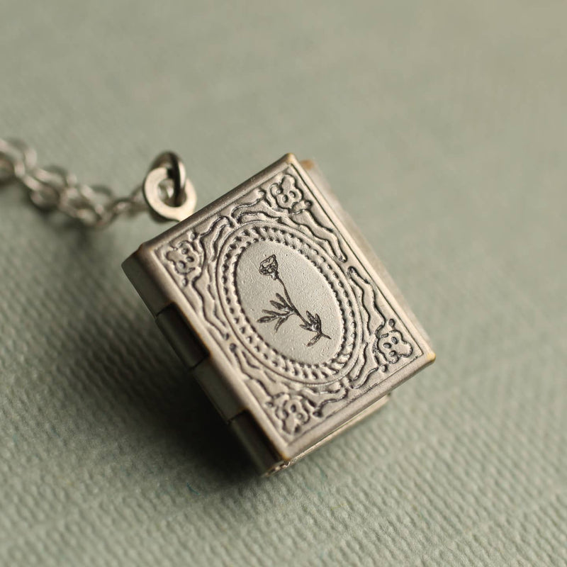 Flower Engraved Book locket necklace (with hidden pages inside!)