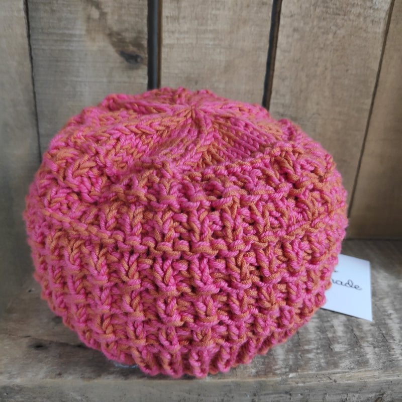 Hand knitted small adult or child's hat in Brick design - pink and orange