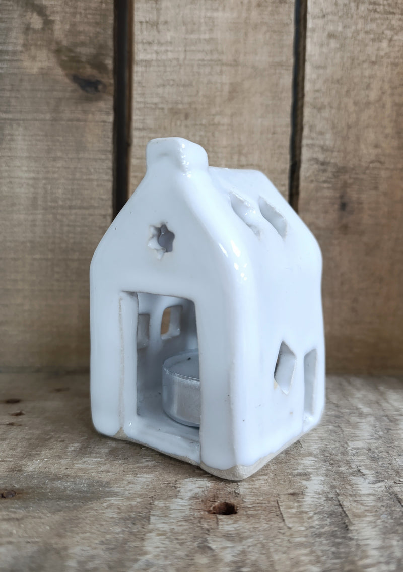 House tealight holder - white with petal & square cut-outs