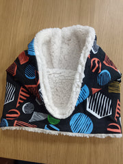 Neck warmer/snood - black with coloured geometric shapes print