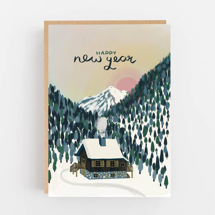 Happy new year mountain scene card