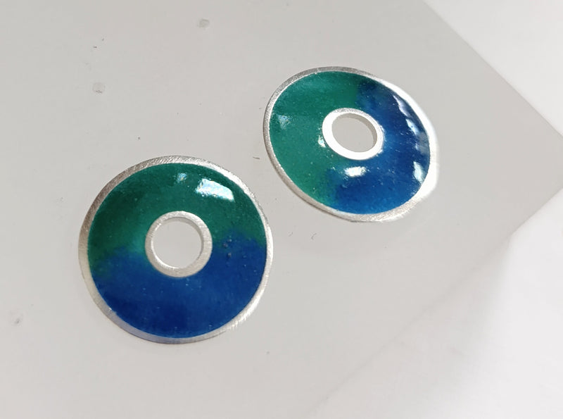 Sterling silver & enamel donut studs - green & blue