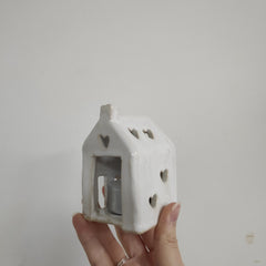 House tealight holder - white with heart and petal cut-outs