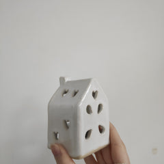 House tealight holder - white with heart and petal cut-outs