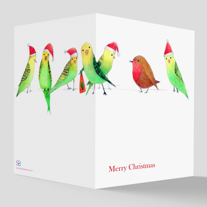 Merry Christmas cat with budgies card