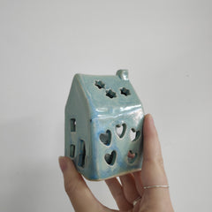 House tealight holder - turquoise with heart and flower cut-outs
