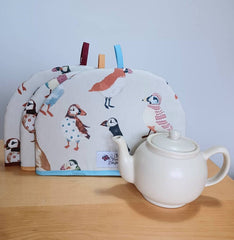Tea cosy - Puffins fabric (large size with wine binding and Insul Bright® Insulated Wadding)