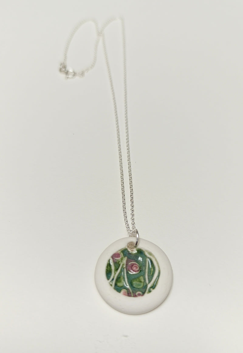 Ceramic circle necklace - white, green & pink abstract design