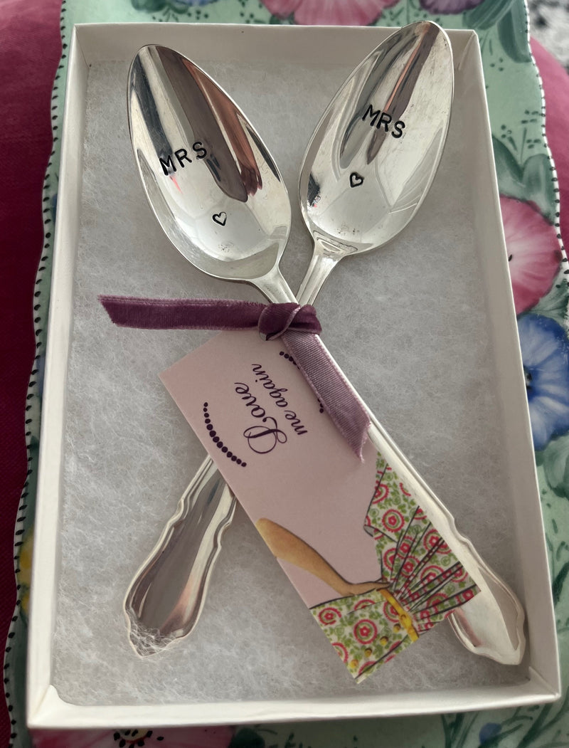 'Mrs & Mrs' hand stamped vintage teaspoons set