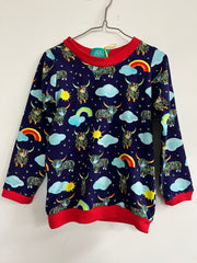 Long sleeved baby/child t-shirt - Highland Cows with rainbows and clouds, red trim (3-4 years)