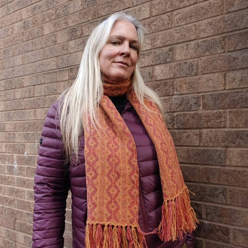 Knitted red brick and ochre Shetland Wool scarf - Templeton's Venetian Balcony