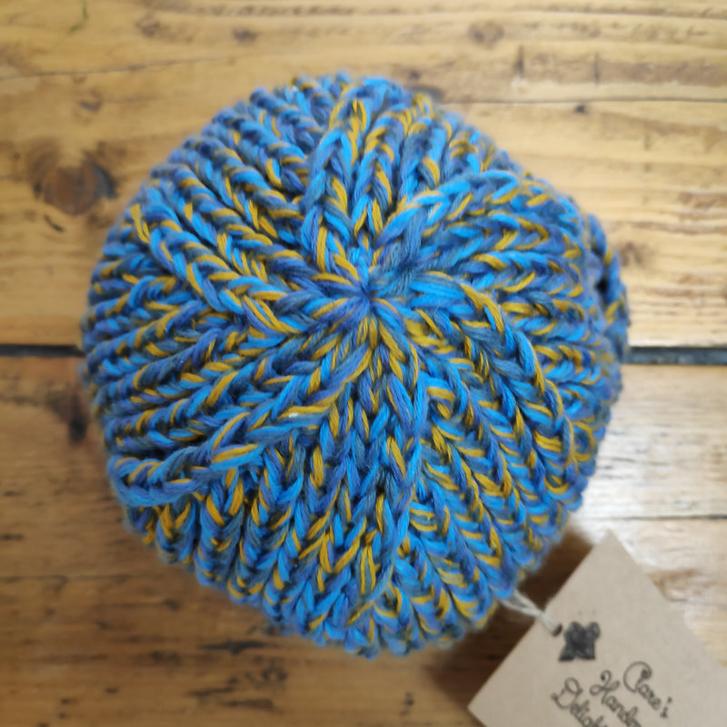 Hand knitted beanie hat - blue and ochre