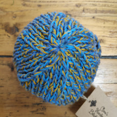 Hand knitted beanie hat - blue and ochre