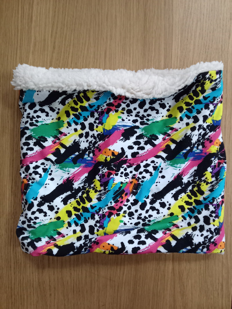 Neck warmer/snood - black,white and neon splashes print