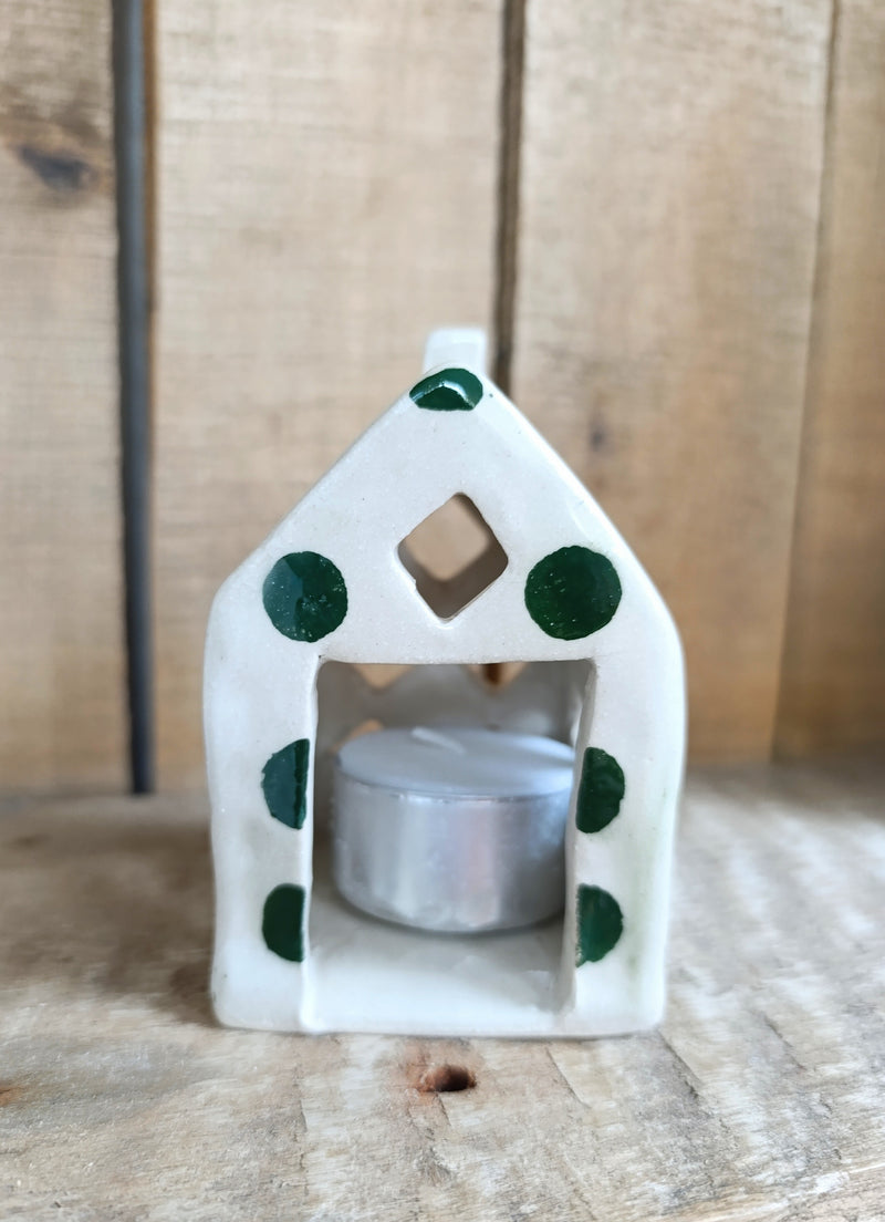 Ceramic house tealight holder - white with green spots