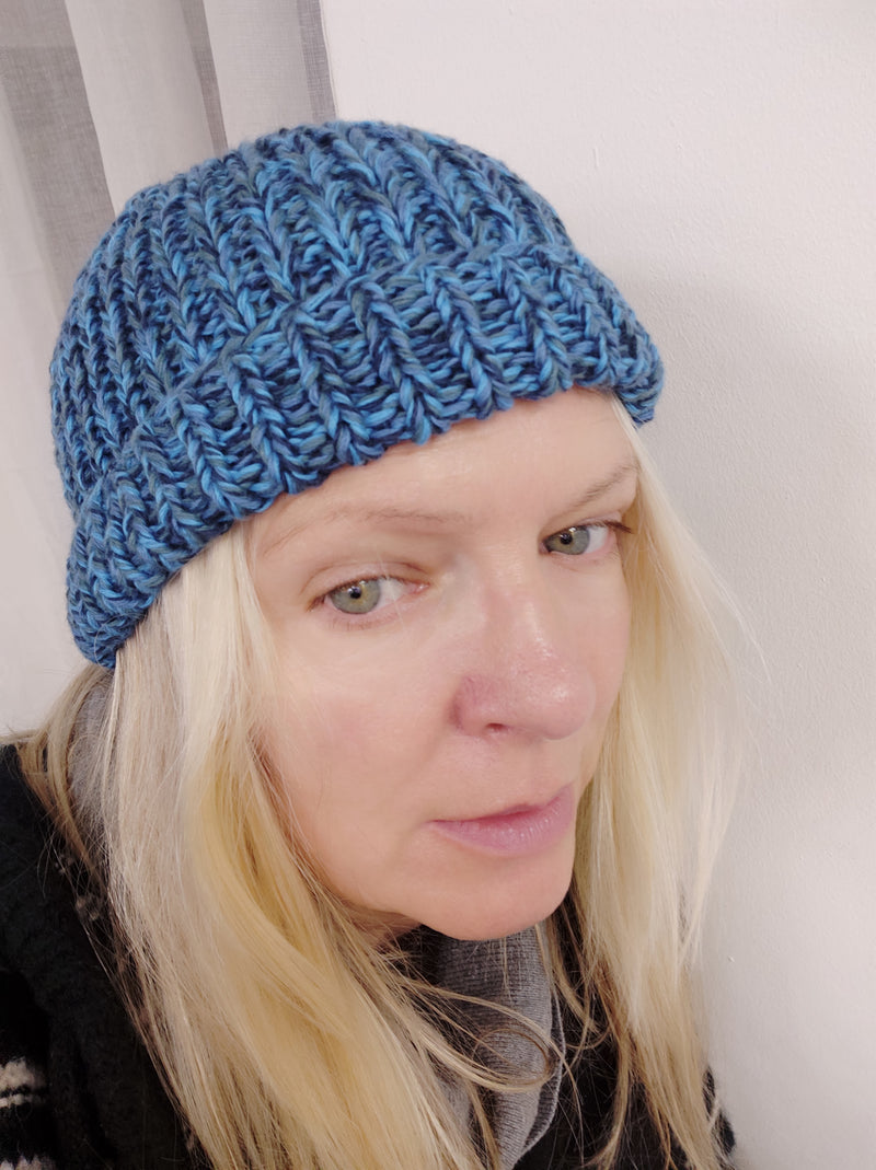 Hand knitted beanie hat - blue and ochre