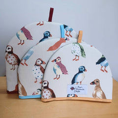 Tea cosy - Puffins fabric (large size with wine binding and Insul Bright® Insulated Wadding)
