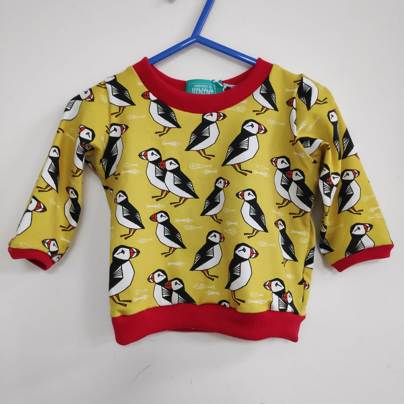 Long sleeved baby/child t-shirt - puffins on yellow background  (0-6 months or 6-12 months)