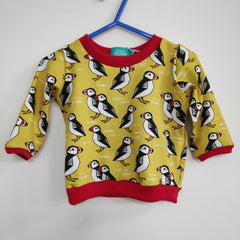 Long sleeved baby/child t-shirt - puffins on yellow background  (0-6 months or 6-12 months)