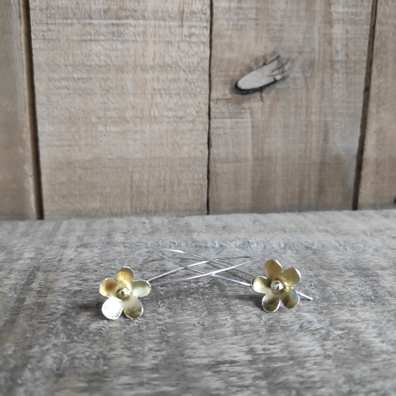 Sterling silver and 24 carat gold flower drop earrings