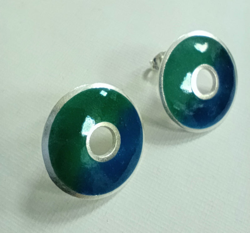 Sterling silver & enamel donut studs - green & blue