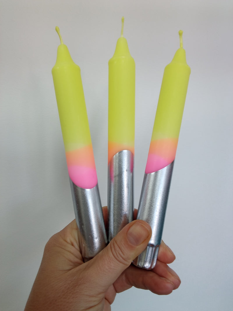 Yellow, coral and neon pink with silver base ombre dinner candles