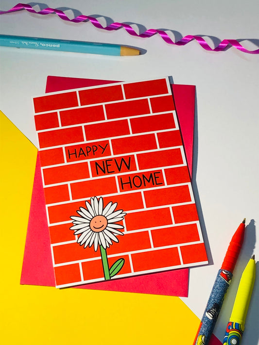 Happy new home card flower brick wall