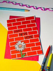 Happy new home card flower brick wall