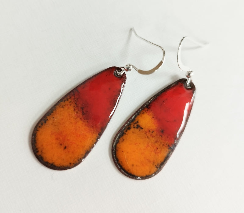 Enamelled orange & red ombre 'lava' teardop earrings