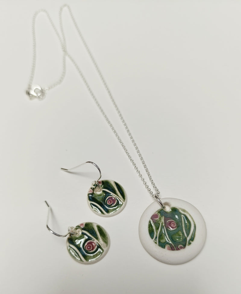 Ceramic circle drop earrings - white, green & pink abstract design