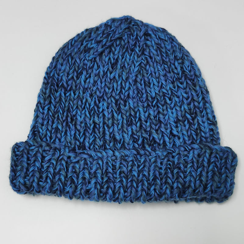 Hand knitted beanie hat - blue and ochre