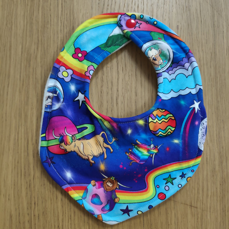 Dribble style bib - Highland cows with clouds and rainbows