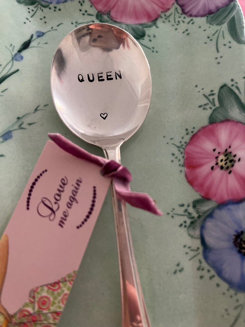 'Queen' - hand stamped vintage teaspoon