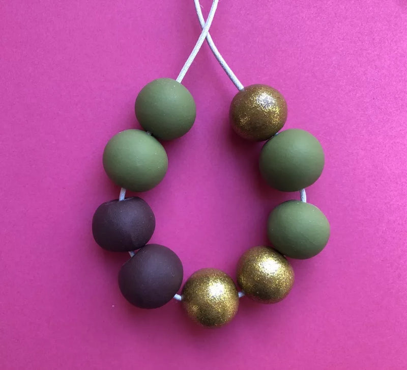 Statement bead necklace - gold, sage green & burgundy