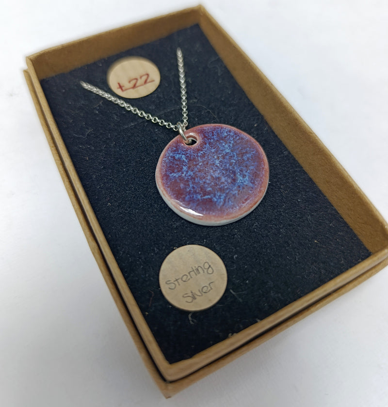 Ceramic burgundy & blue circle pendant necklace