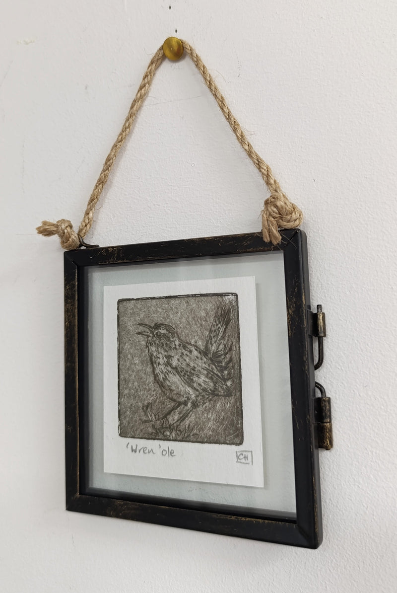 Mini framed Wren drypoint print