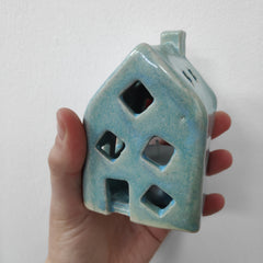 House tealight holder - aqua with flower and diamond cut-outs