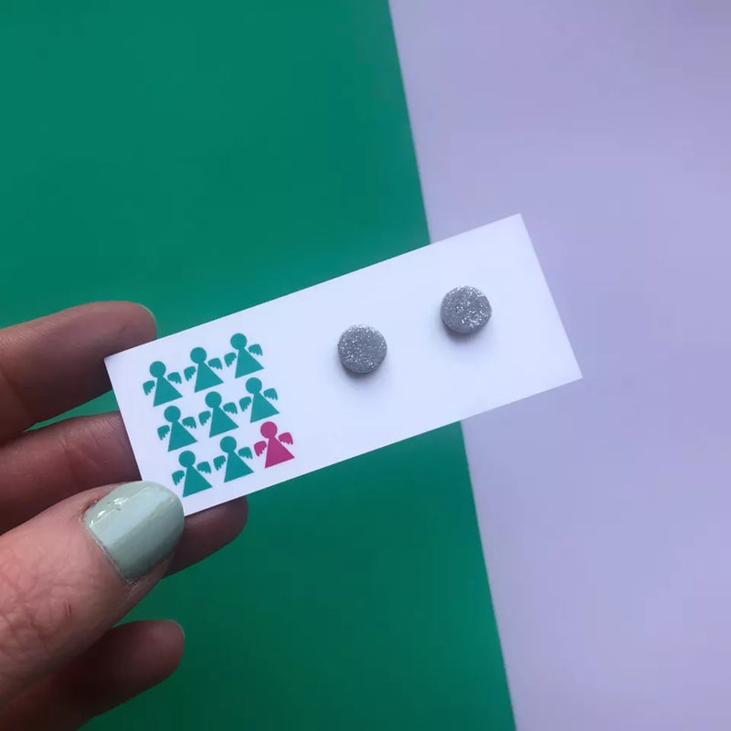 Mini circle polymer clay studs - silver glitter