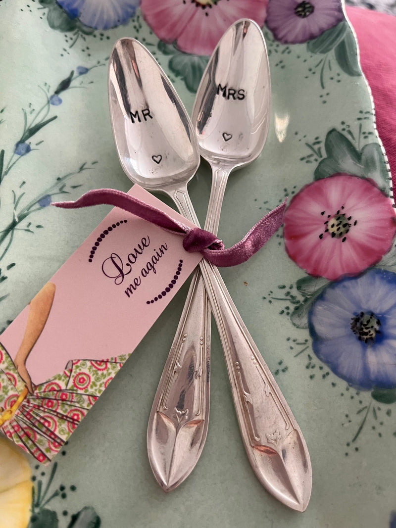 'Mr & Mrs' hand stamped vintage teaspoons boxed set